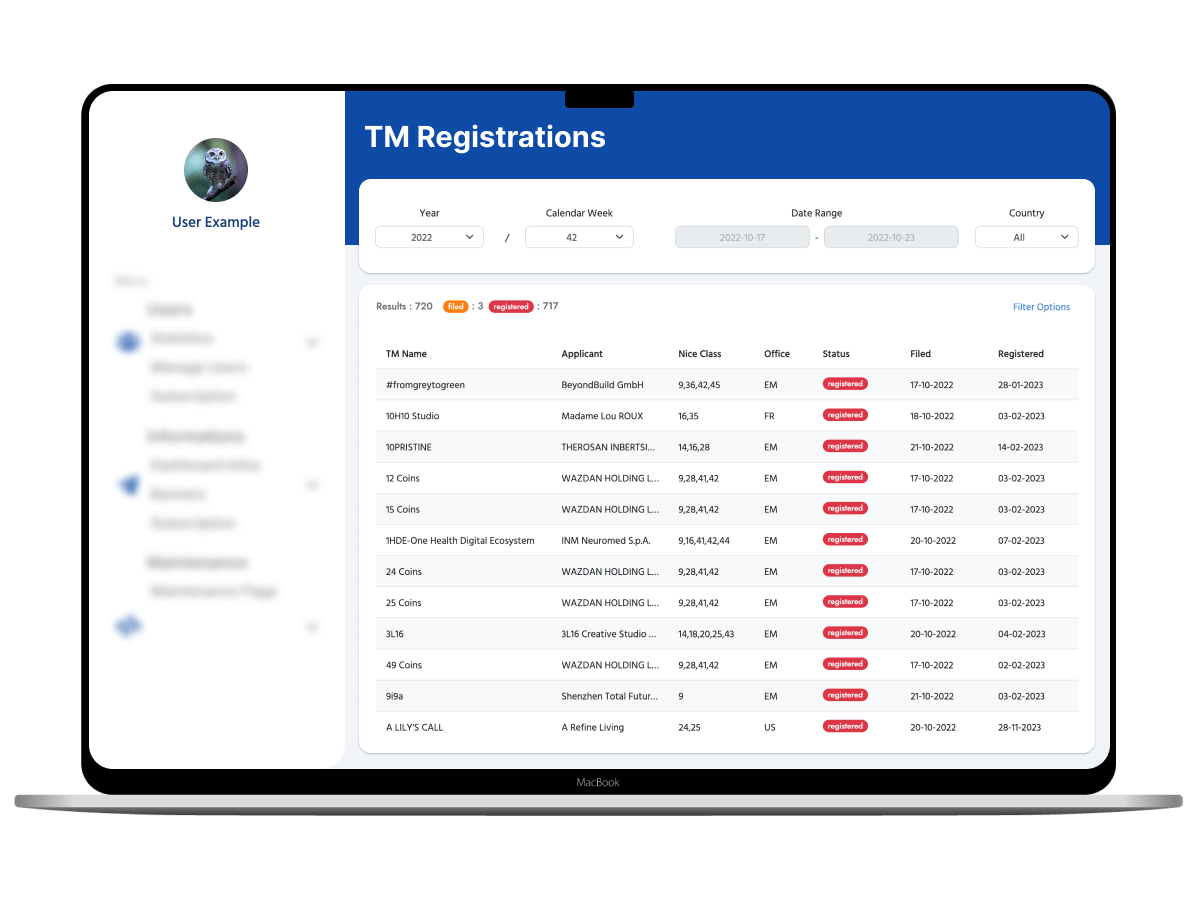 TM Finder registrations screen