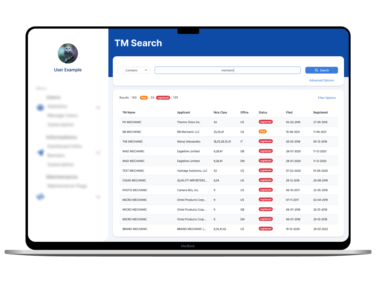 TM Finder search screen