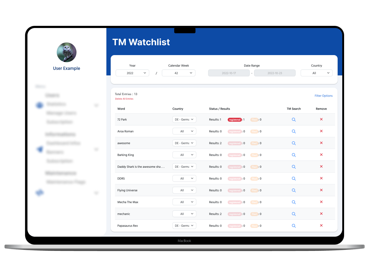 TM Finder watchlist screen